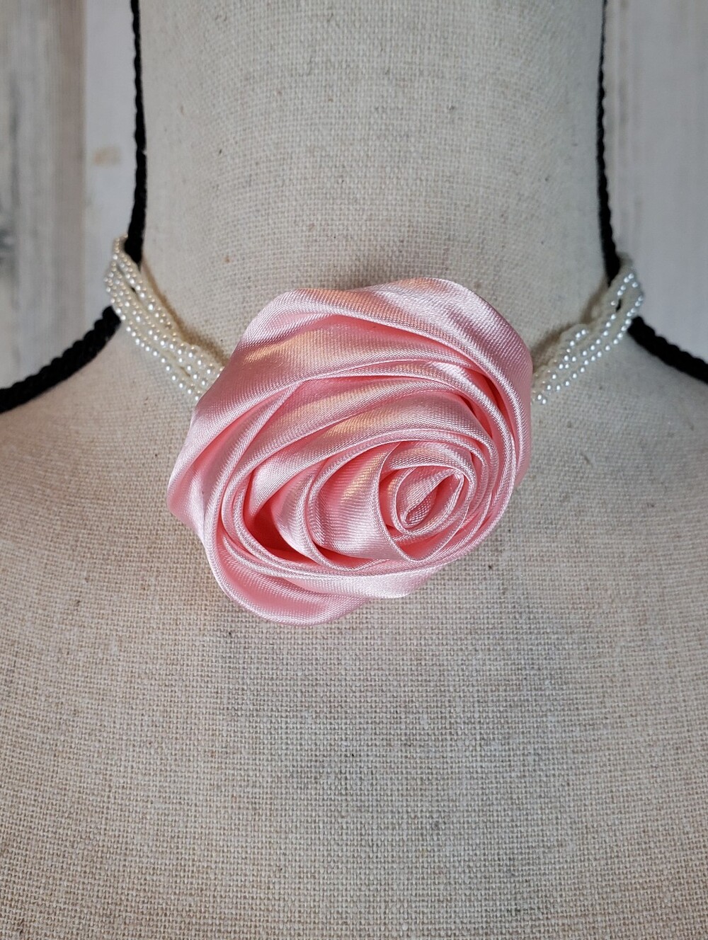 Pink Satin Rose Pearl Choker Necklace